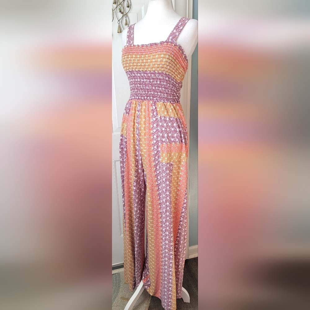BUCKETLIST Smocked Bodice Wide Leg Jumpsuit Women's S Multi Patchwork Soft Flowy